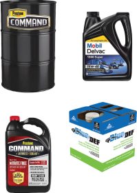 Photo of Prestone coolant, Mobil Delvac oil, and Peak Blue DEF fluids.