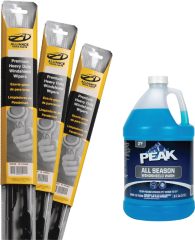 Photo of Alliance windshield wipers and Peak All Season windshield washer fluid.